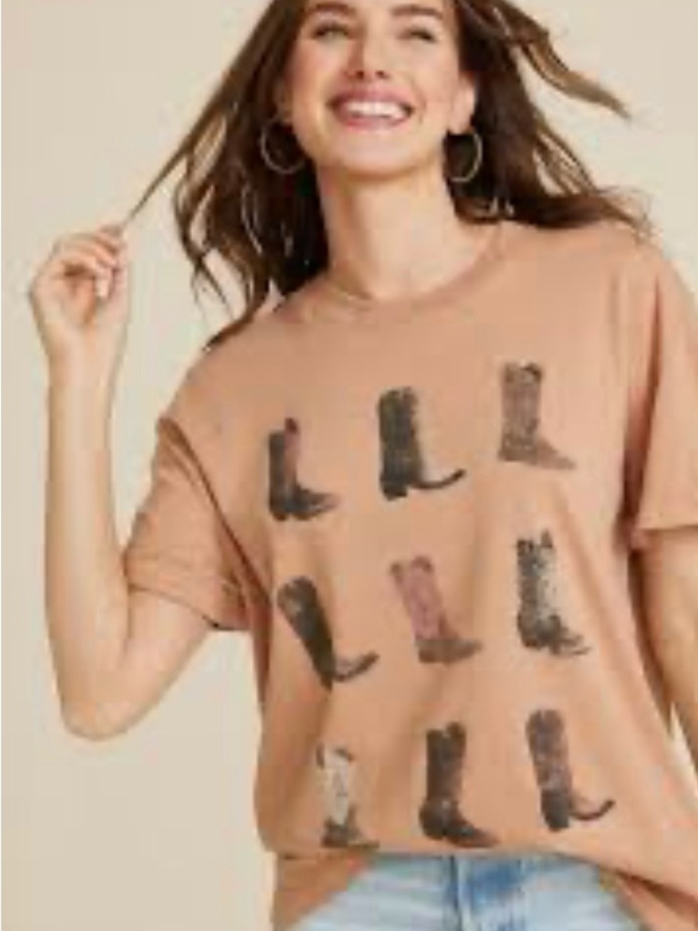 Maurices Tan Graphic Short Sleeve Tee w/Cowboy Boot Print w/studs & rhinestone